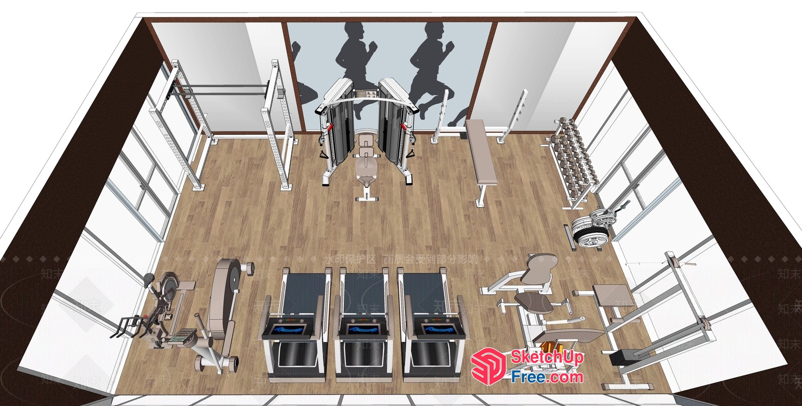 Modern Gym Interior With Exercise Equipment And Flooring 3D SketchUp File
