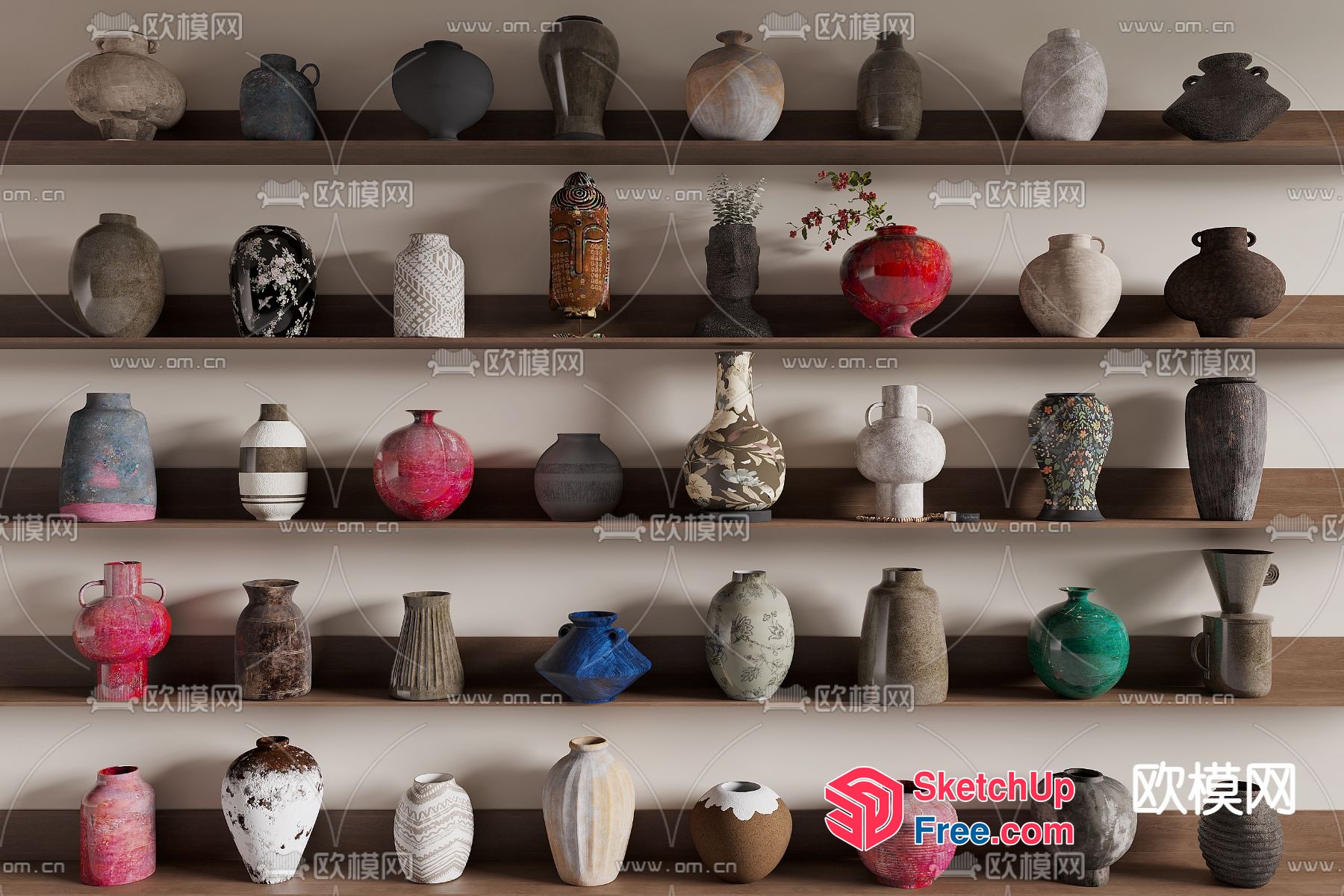 Colorful Vases On Wooden Shelves 3D SketchUp File