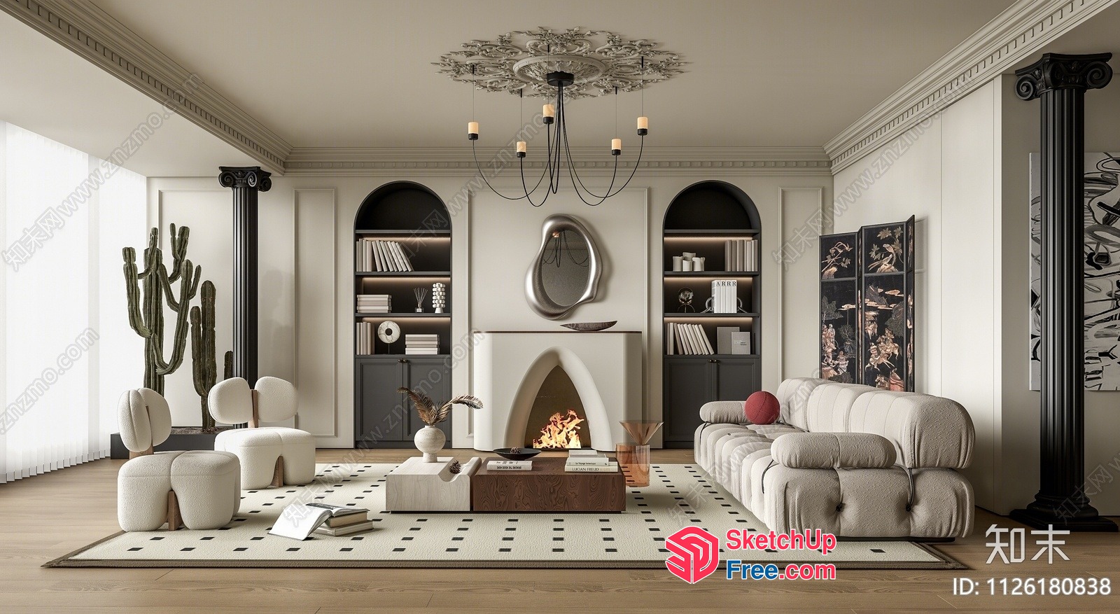 Modern Elegant Living Room With Fireplace And Pillars 3D SketchUp File