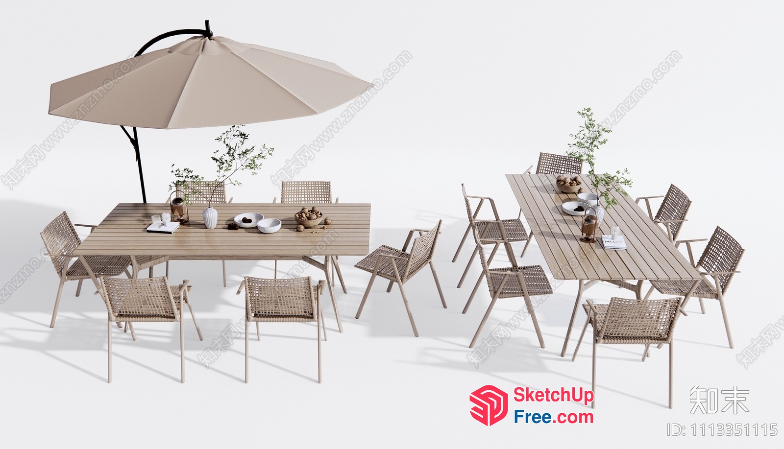 Outdoor Dining Table Set With Chairs And Umbrella 3D SketchUp File