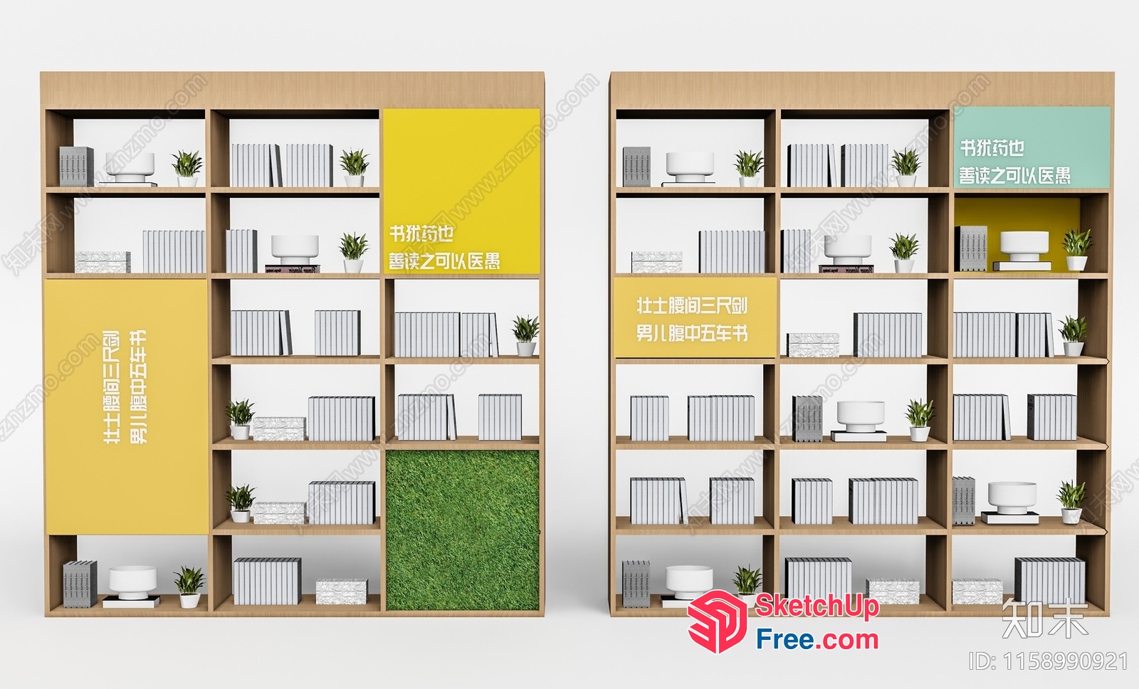 Modern Bookcase With Green Wall And Potted Plants 3D SketchUp File