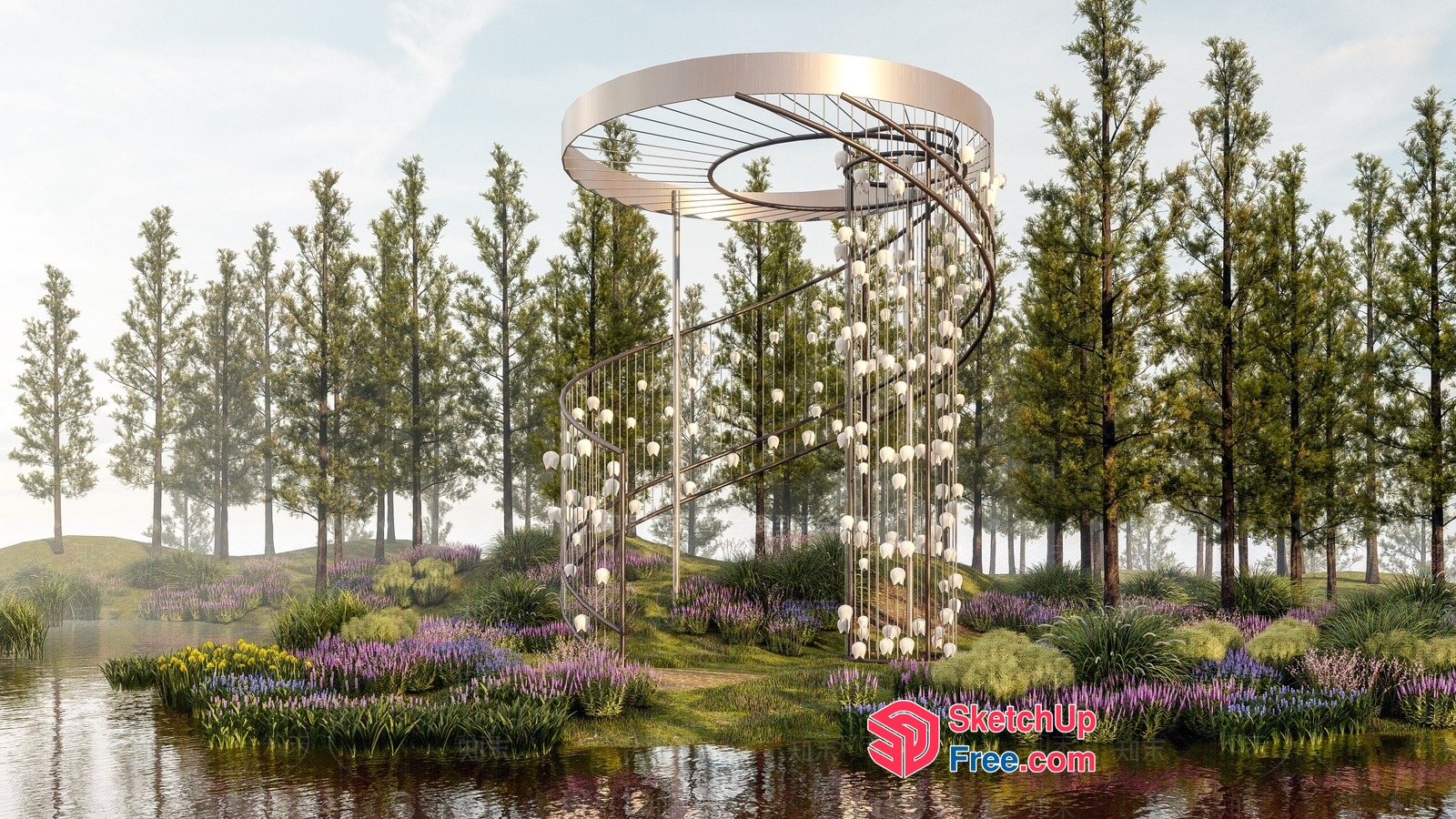 Elegant Spiral Staircase With Glass Walls And Hanging Lights 3D SketchUp File