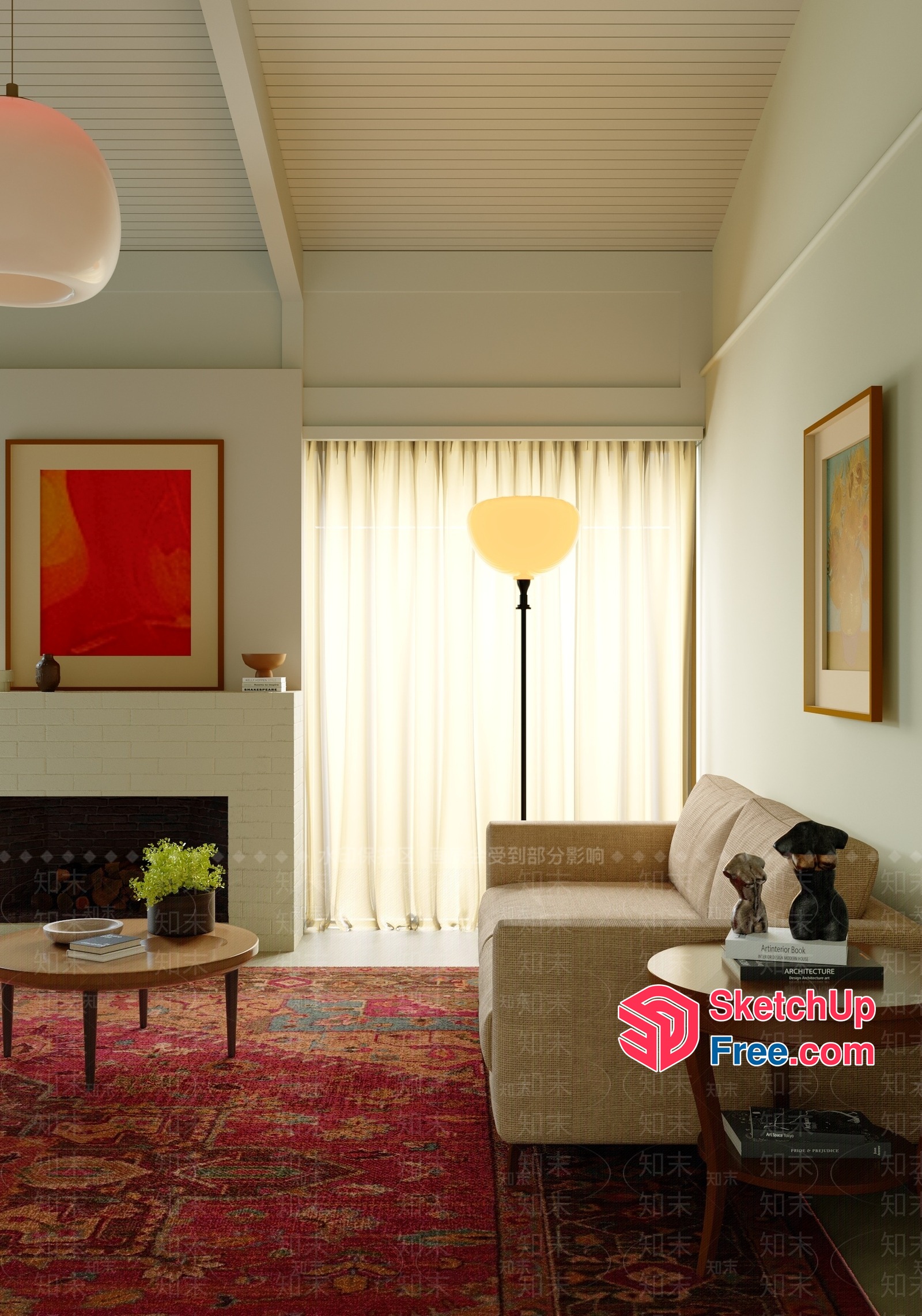 Mid-Century Modern Living Room With Fireplace And Artwork 3D SketchUp File