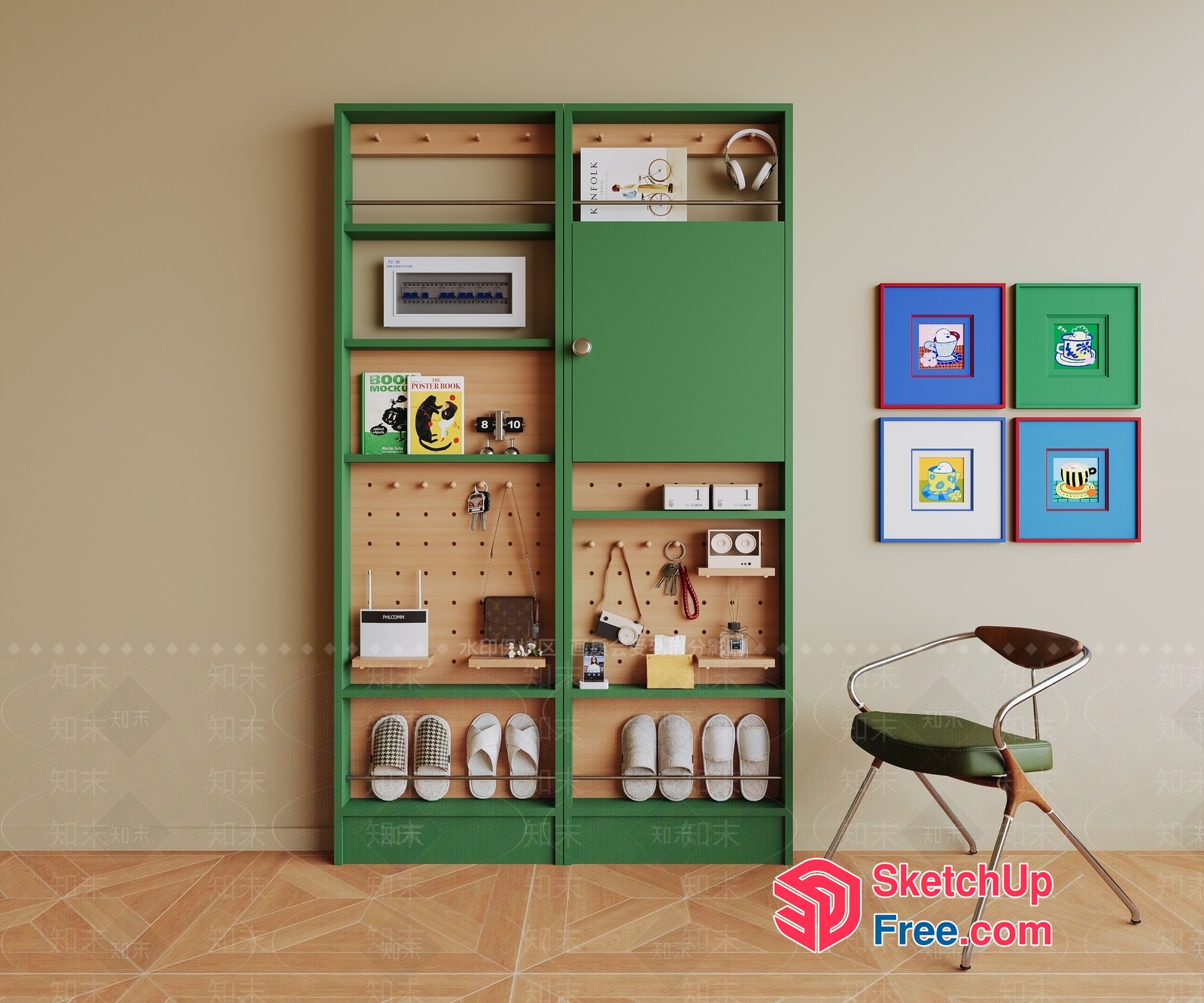 Cozy Minimalist Green Shelving Unit With Artwork 3D SketchUp File