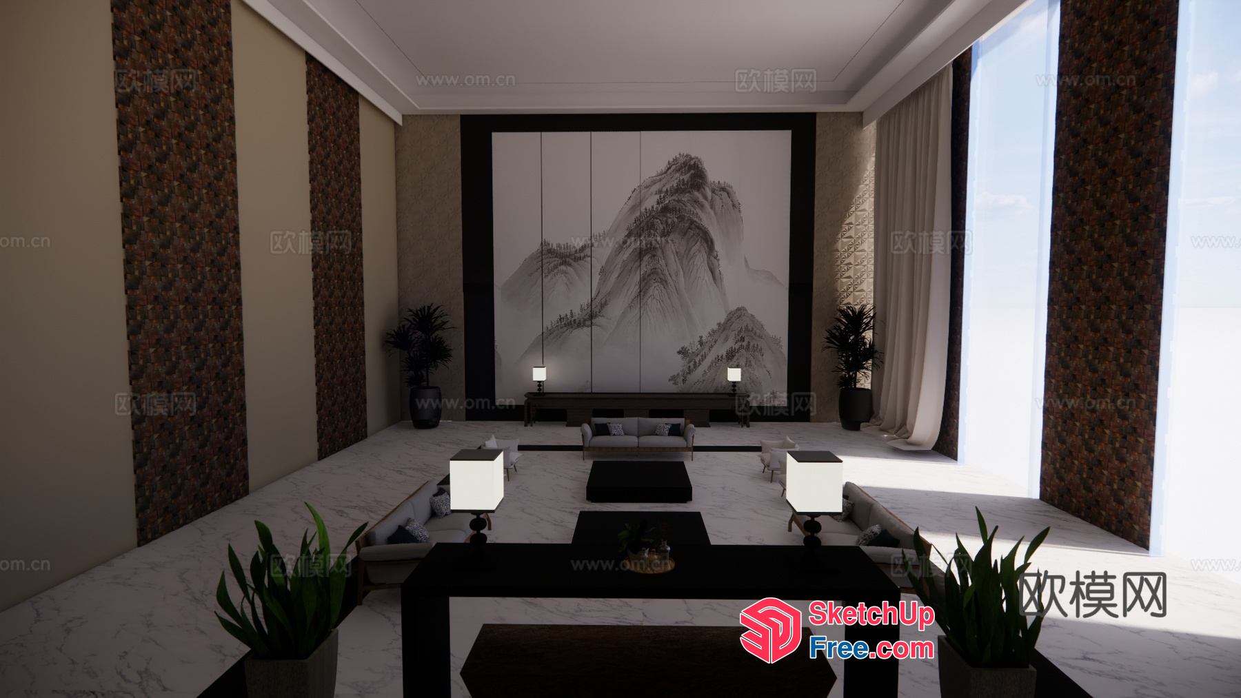 Elegant Living Room With Marble Flooring And Large Windows 3D SketchUp File