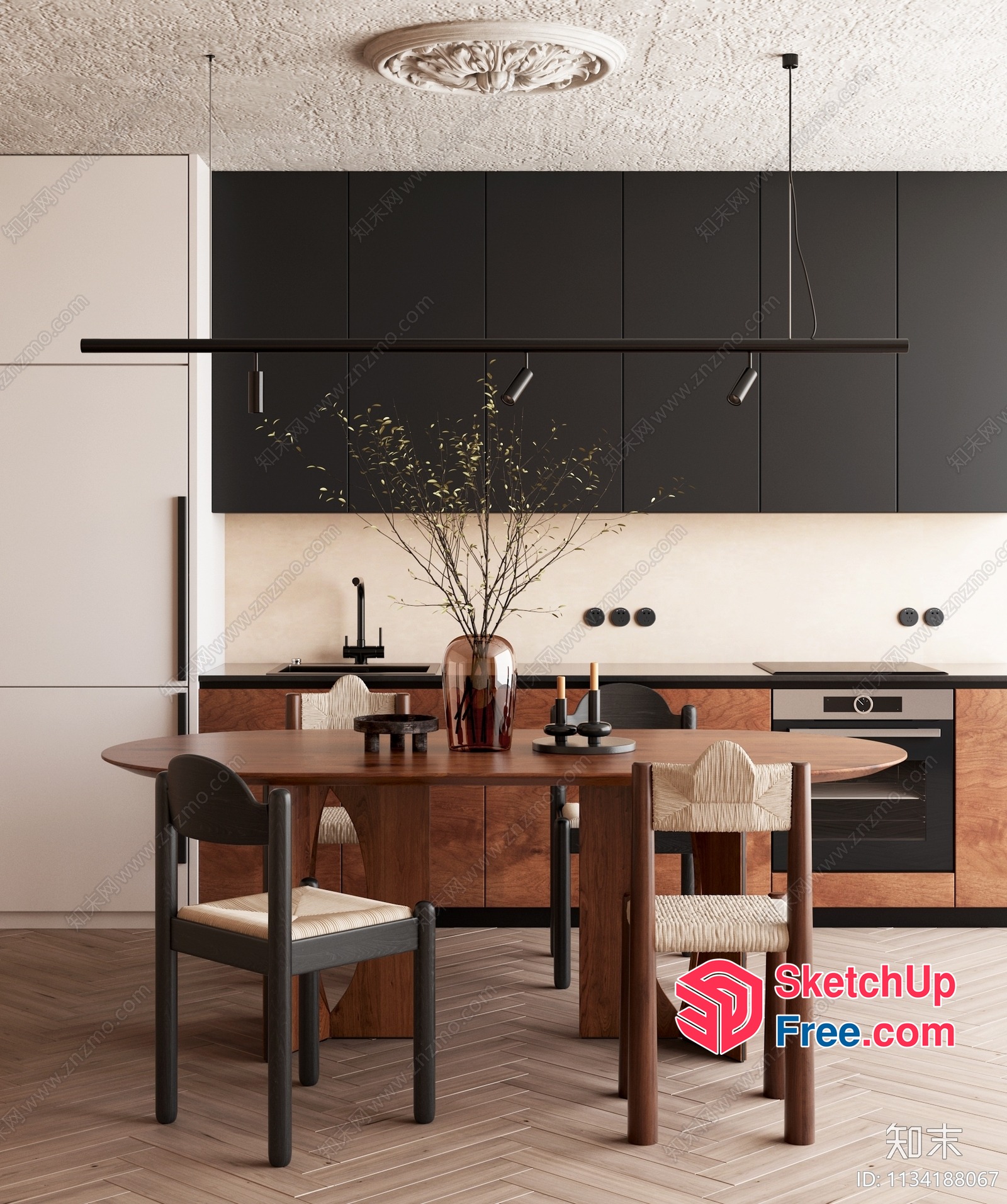 Elegant Modern Kitchen With Sleek Black And Wooden Accents 3D SketchUp File
