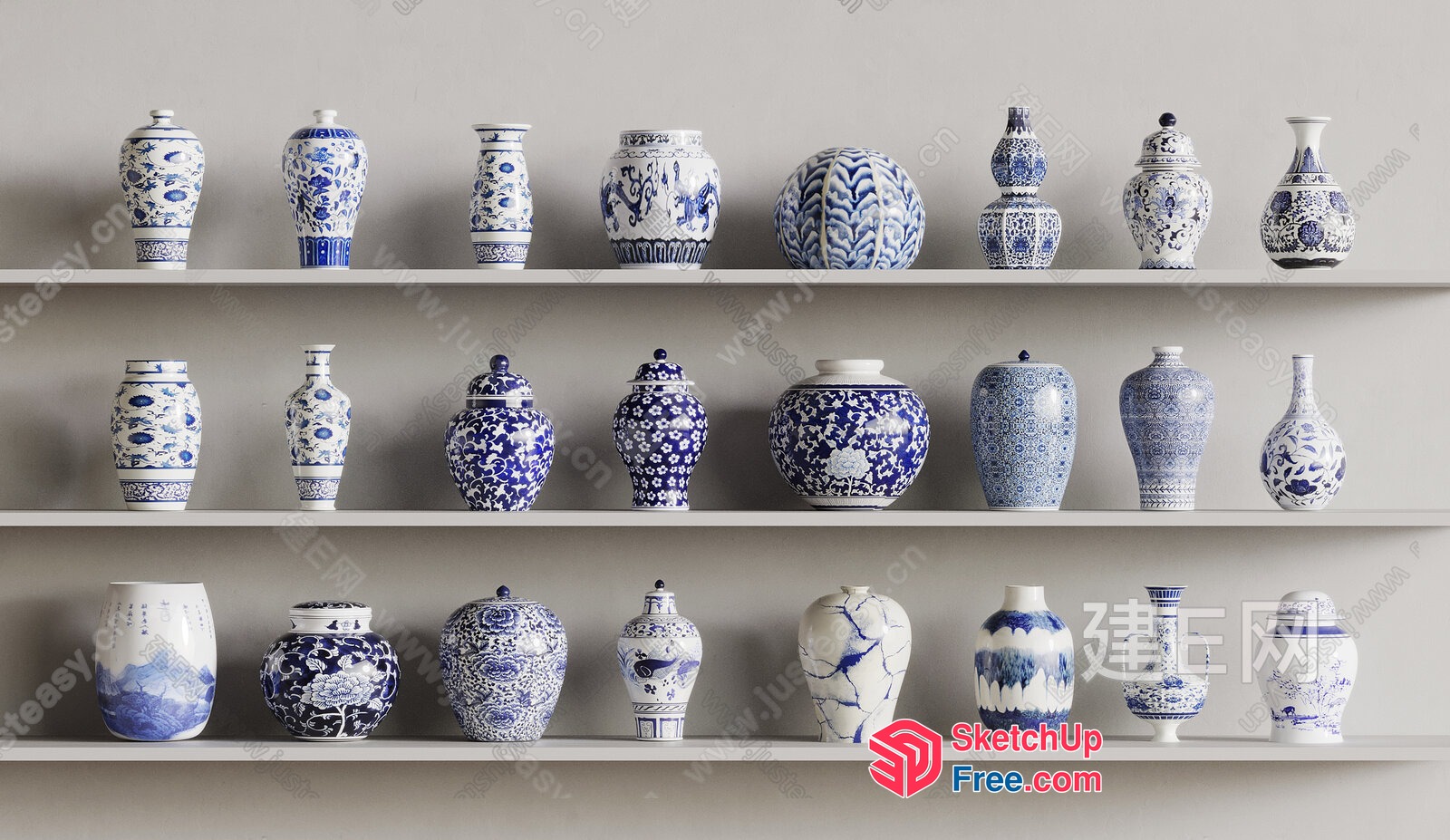 Blue And White Porcelain Vases On White Shelves 3D SketchUp File