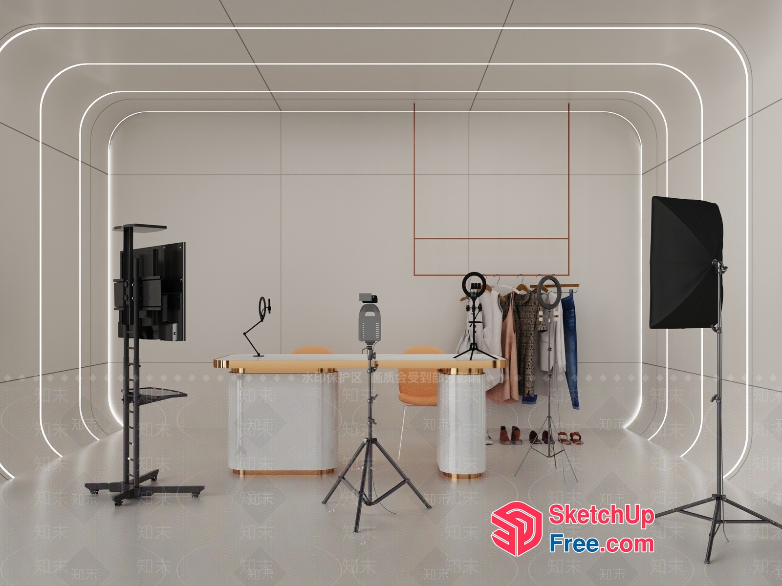 Modern Minimalist Office Space With White And Gold Accents 3D SketchUp File