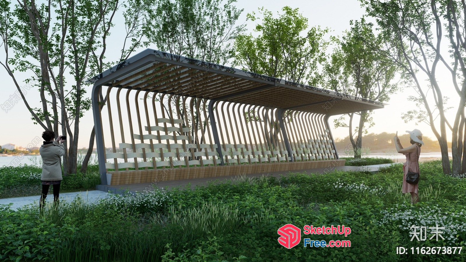 Modern Outdoor Pavilion With Curved Roof And Wooden Structure 3D SketchUp File