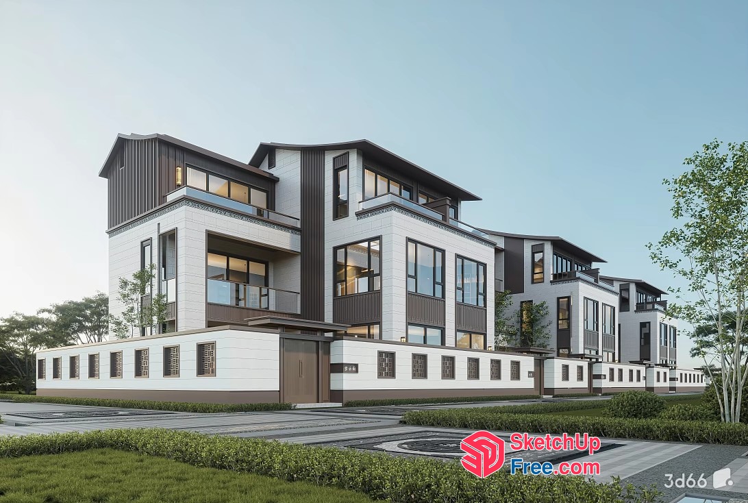 Modern White And Brown Building With Balconies 3D SketchUp File