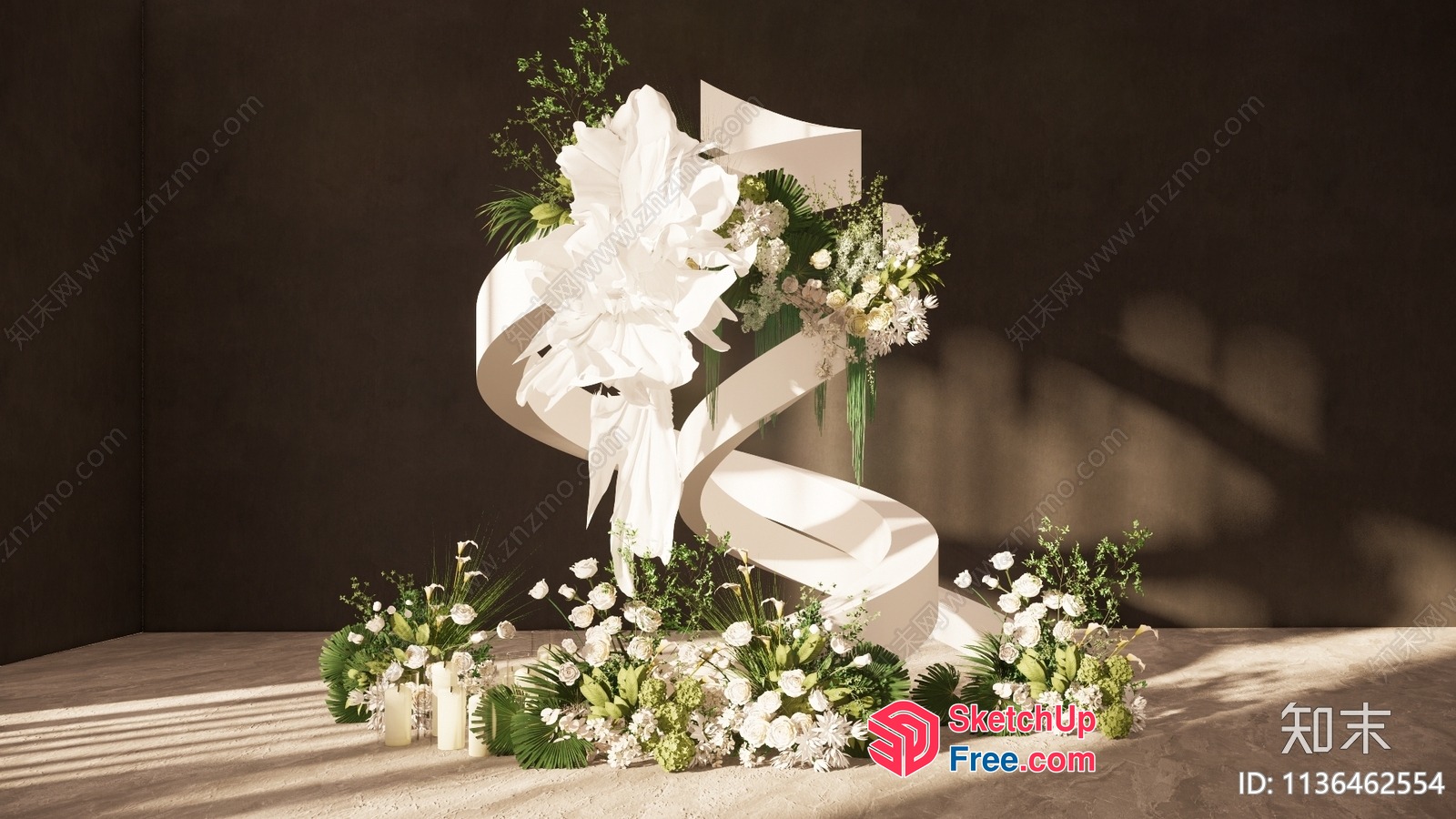 Elegant White Floral Arrangement With Greenery And Ribbons 3D SketchUp File