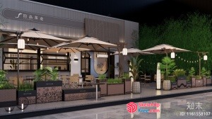 Outdoor Dining Area With Potted Plants And Umbrellas 3D SketchUp File