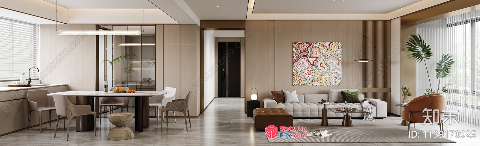 Modern Living Room With Elegant Dining Area And Sleek Kitchen 3D SketchUp File