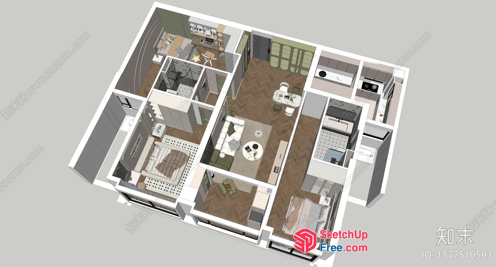 Modern Apartment Floor Plan With Neutral Color Scheme 3D SketchUp File