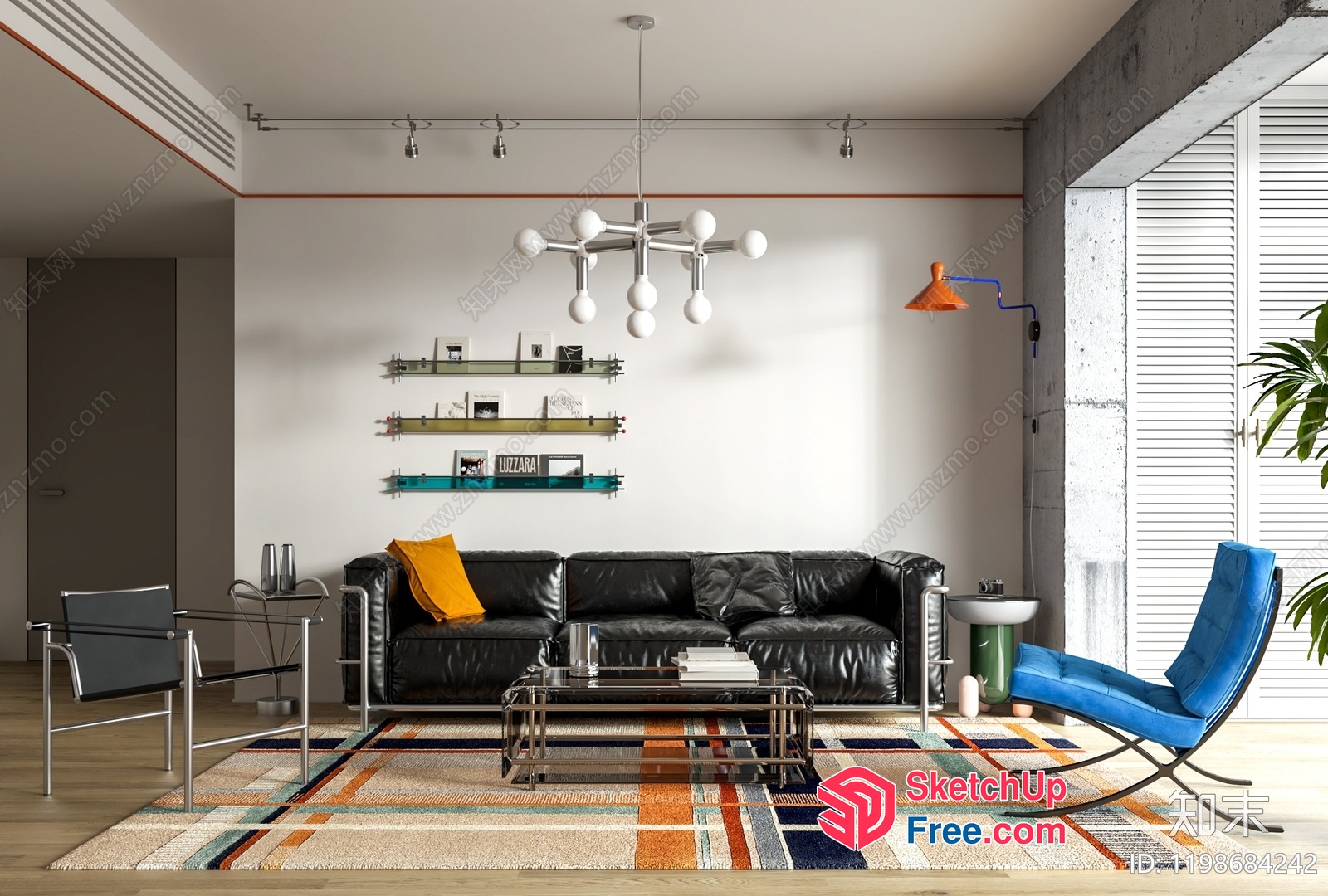 Modern Living Room With Sleek Furniture And Vibrant Rug 3D SketchUp File