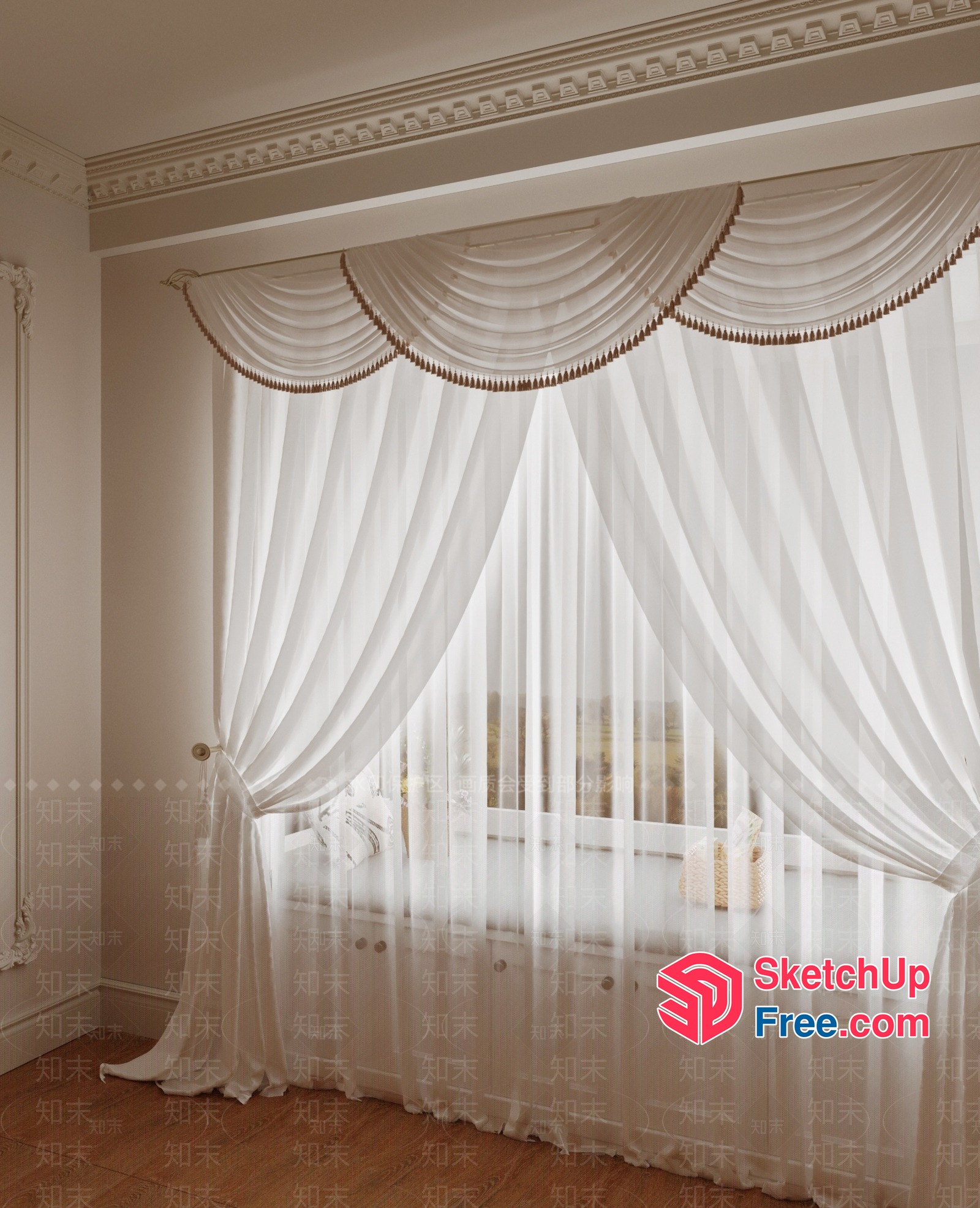 Elegant White Curtain With Classic Moulding 3D SketchUp File