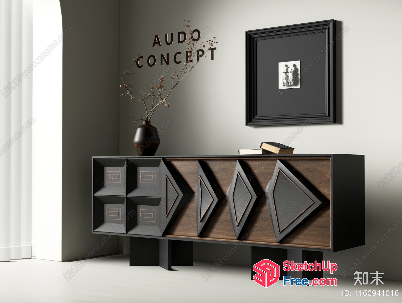 Modern Dark Wood Sideboard With Unique Geometric Design 3D SketchUp File
