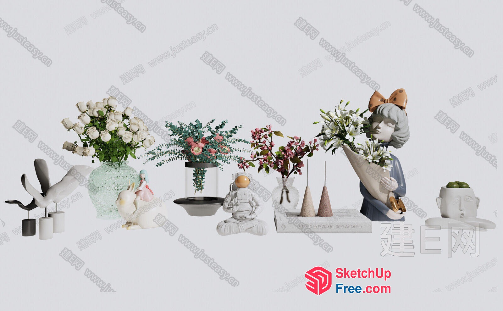 Modern Interior Decorations Featuring Flowers And Statues 3D SketchUp File
