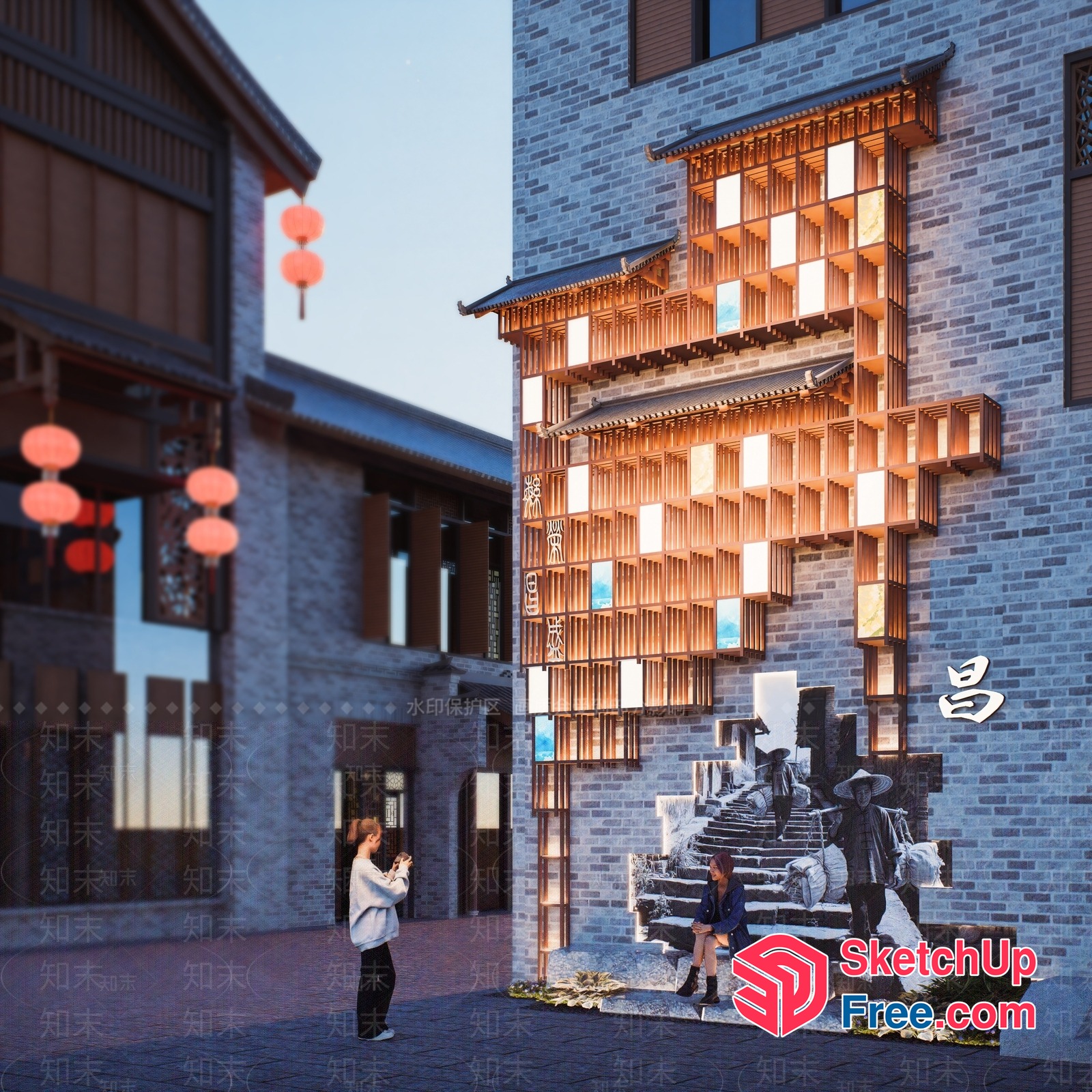 Traditional Chinese Building Exterior With Staircase And Lanterns 3D SketchUp File