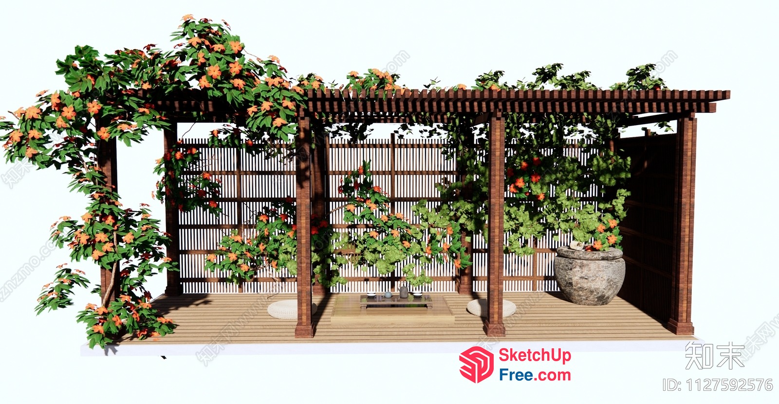 Wooden Pergola With Lush Greenery And Vibrant Flowers 3D SketchUp File
