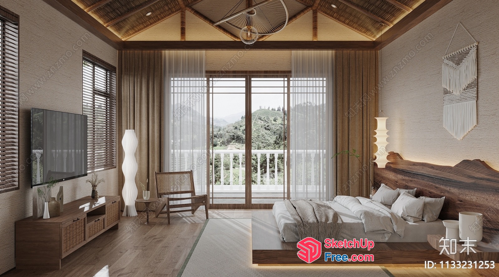 Modern Japanese-Style Bedroom With Balcony View 3D SketchUp File