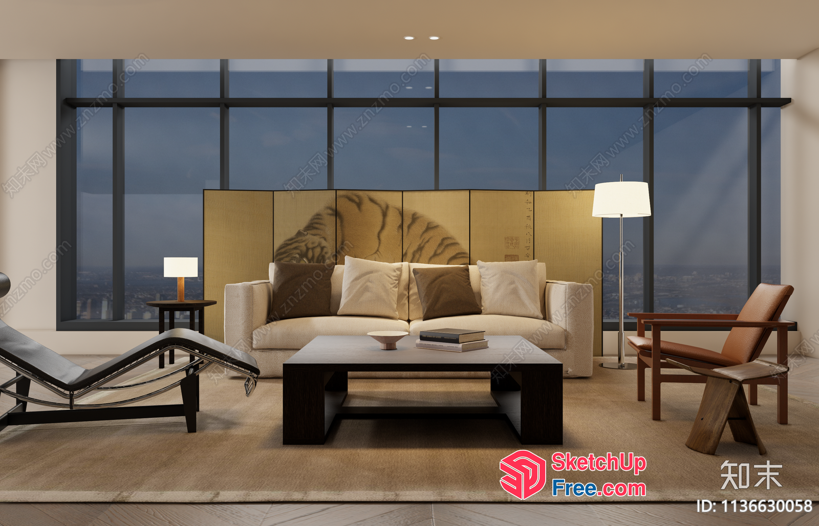 Elegant Living Room With Modern Furniture And City View 3D SketchUp File