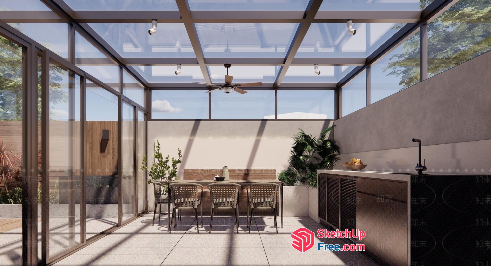 Modern Glass Enclosed Patio With Sleek Furniture 3D SketchUp File