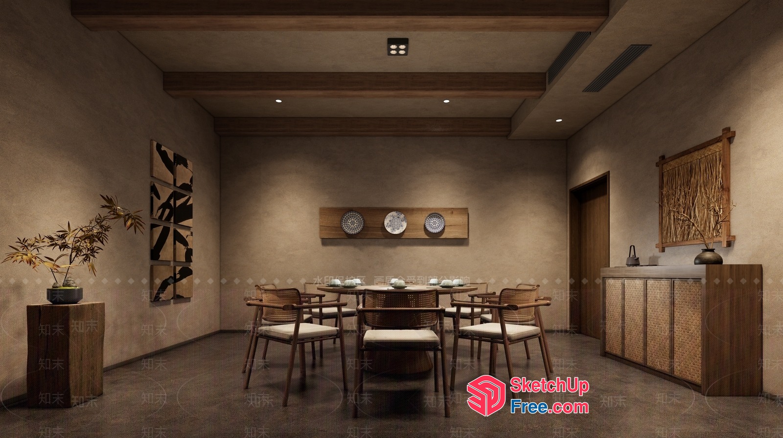 Minimalist Japanese Dining Room With Natural Materials 3D SketchUp File