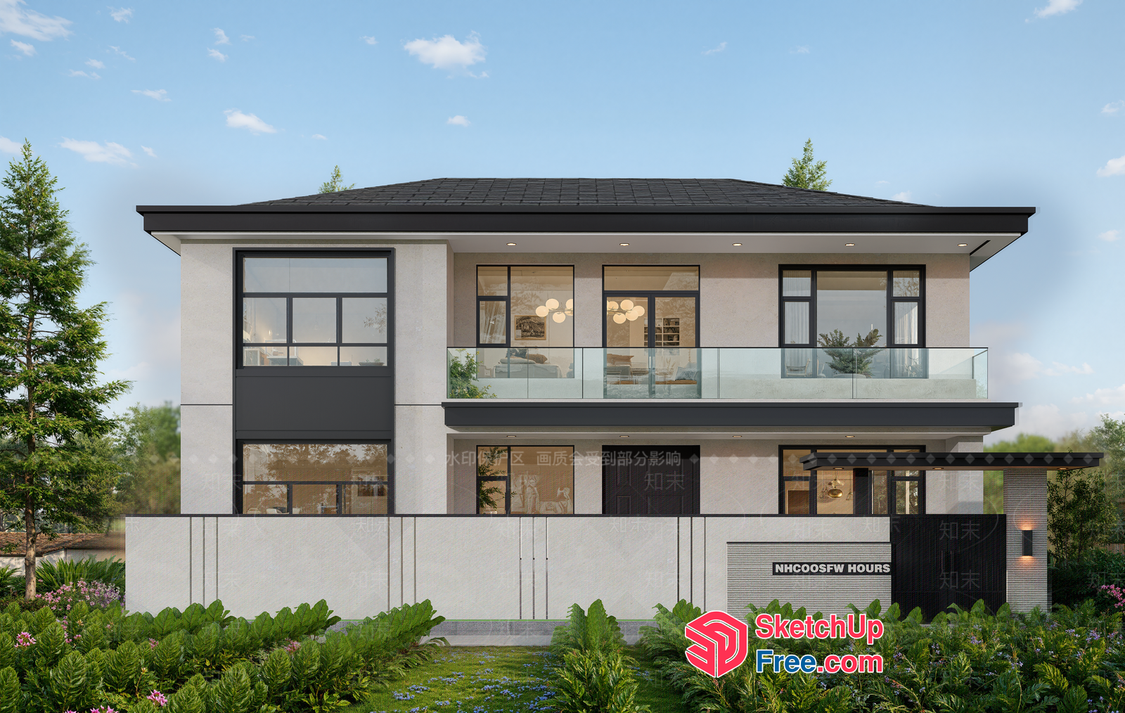 Modern Two-Story House With Glass Balcony And Roof Synthesis 3D SketchUp File