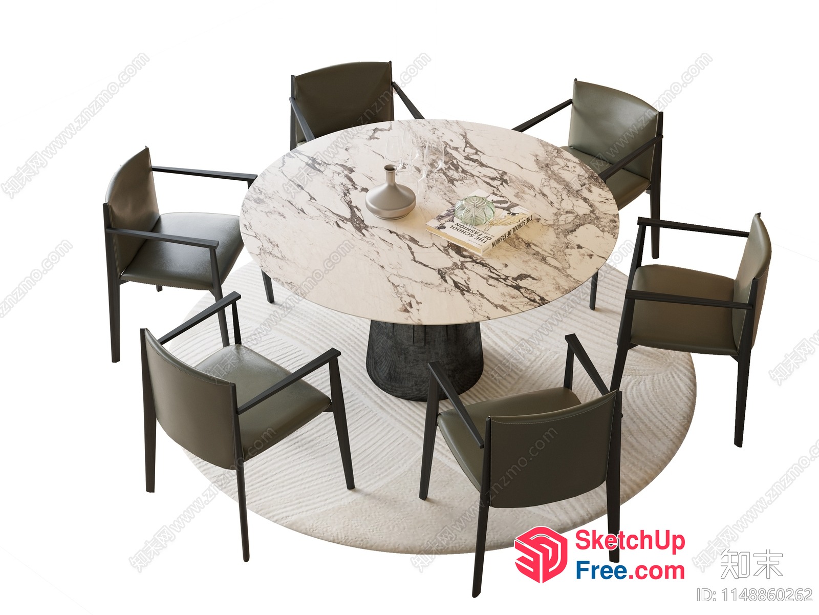 Round Dining Table With Marble Top And Black Chairs 3D SketchUp File