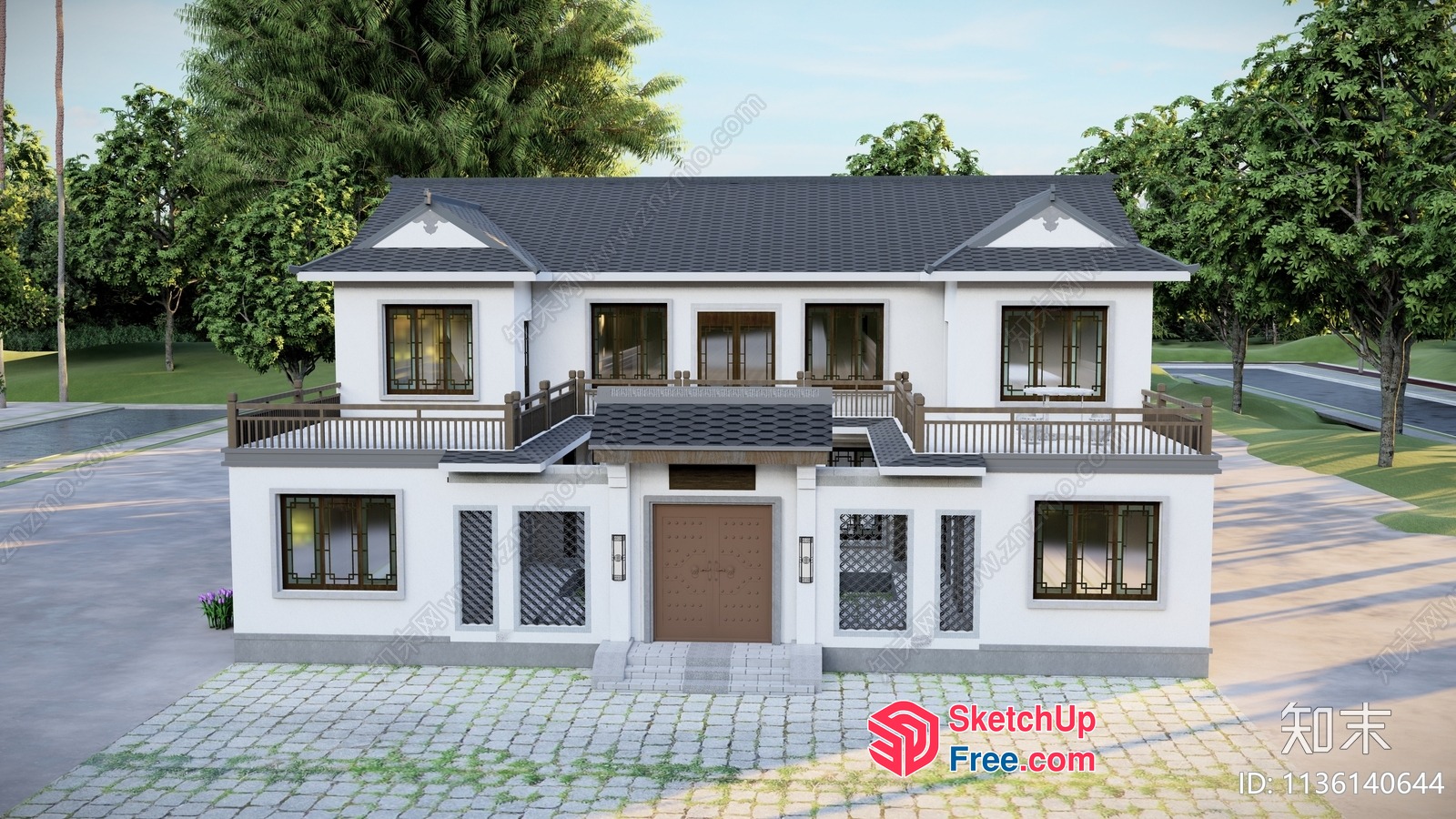 Traditional Two-Story White House With A Dark Roof 3D SketchUp File