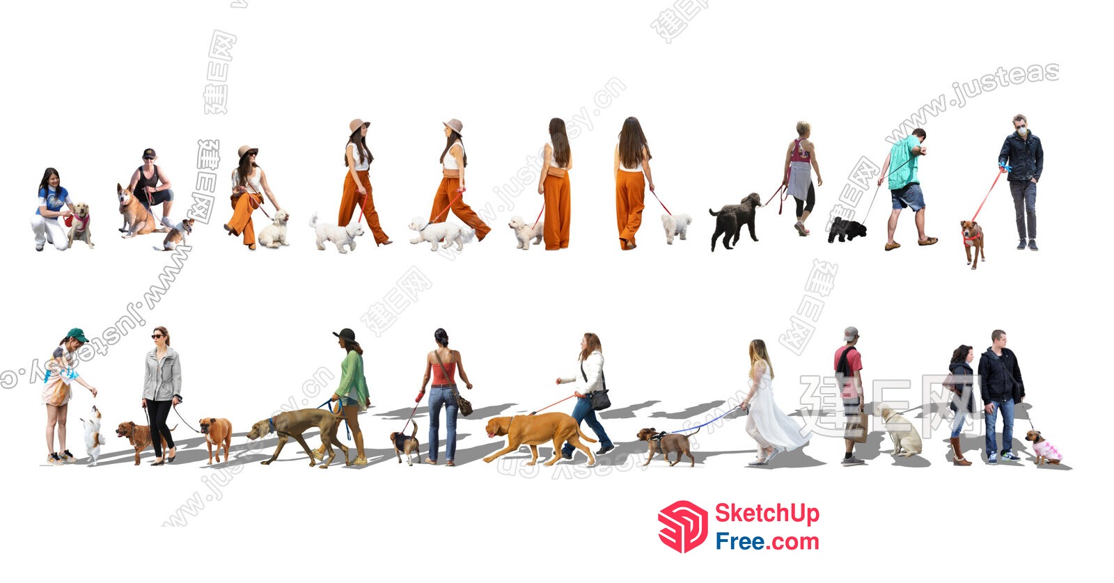 People Walking Dogs In Various Styles 3D SketchUp File