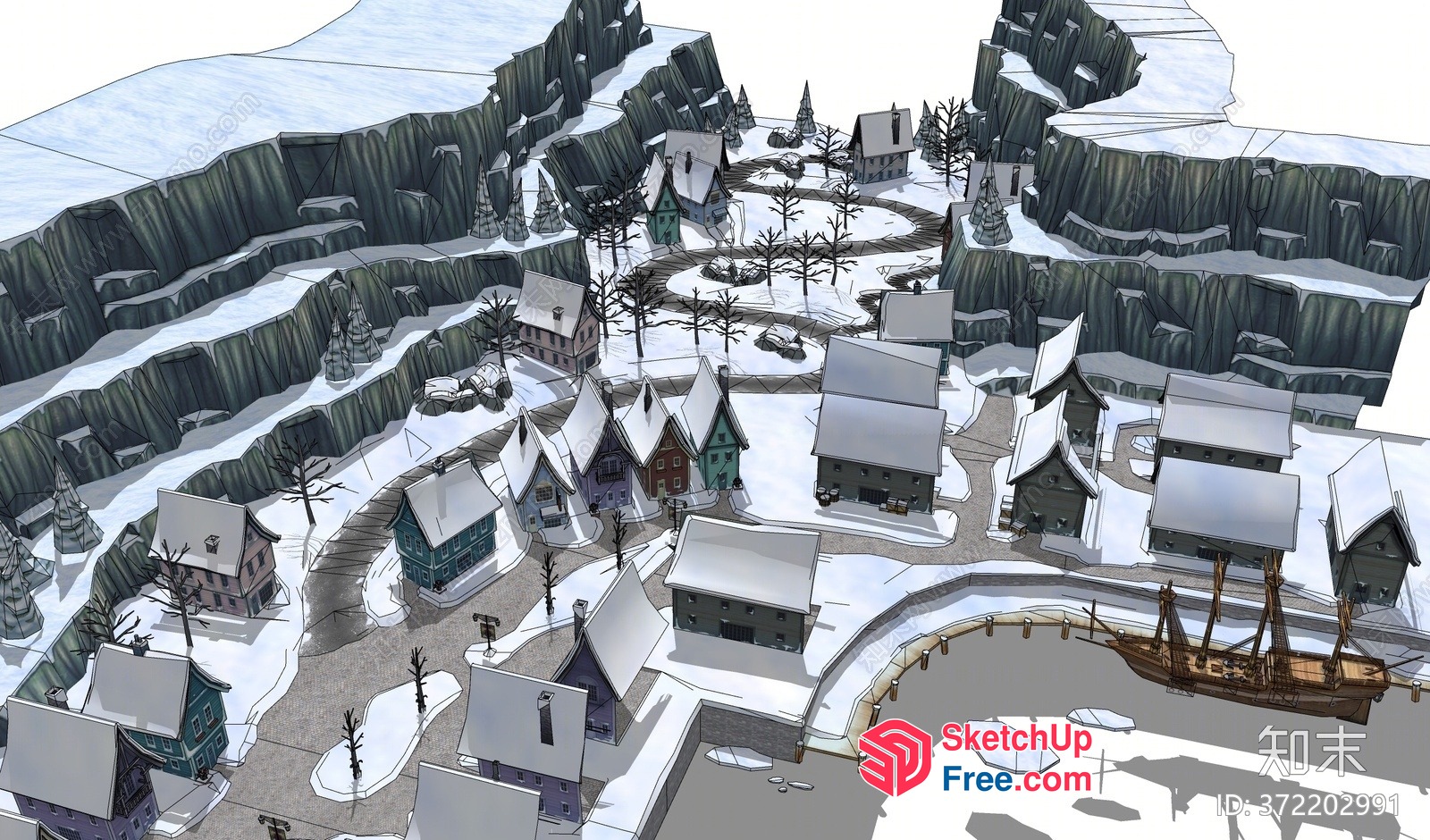Snowy Village By The River 3D SketchUp File