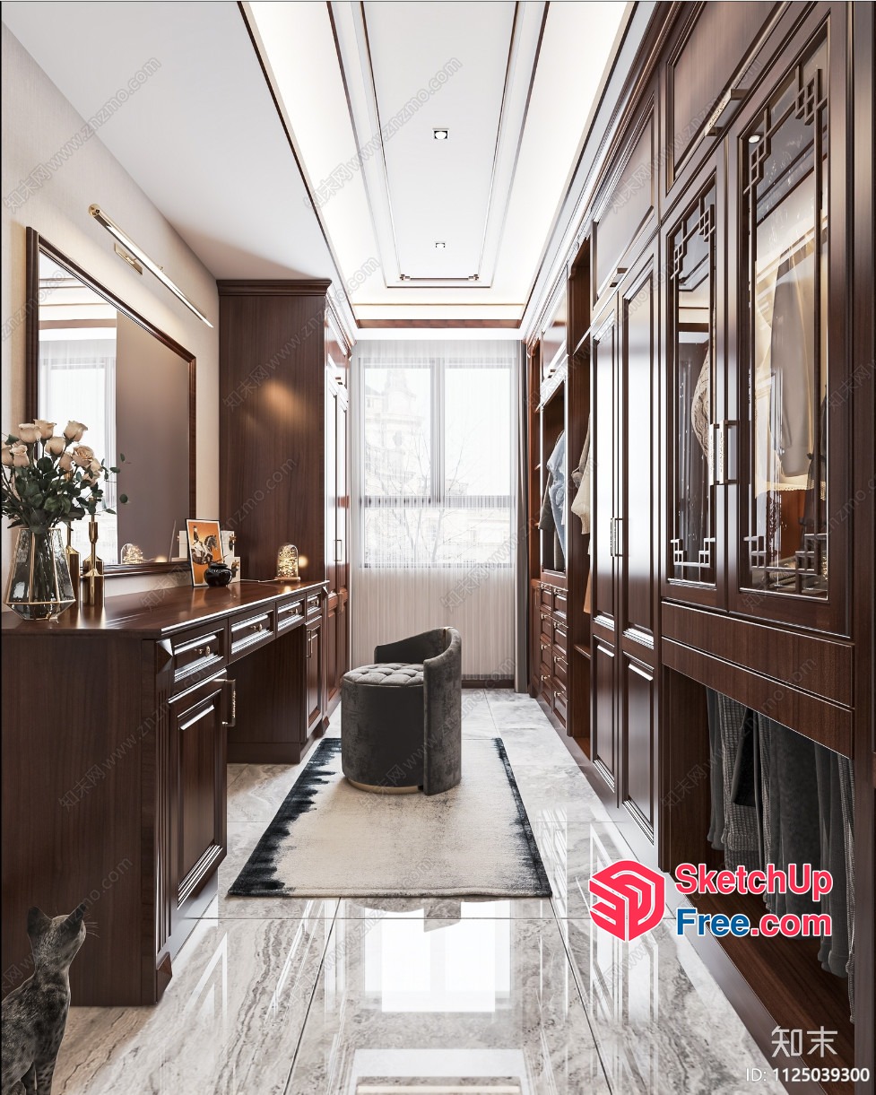 Elegant Marble-Floored Bedroom With Dark Wood Accents 3D SketchUp File