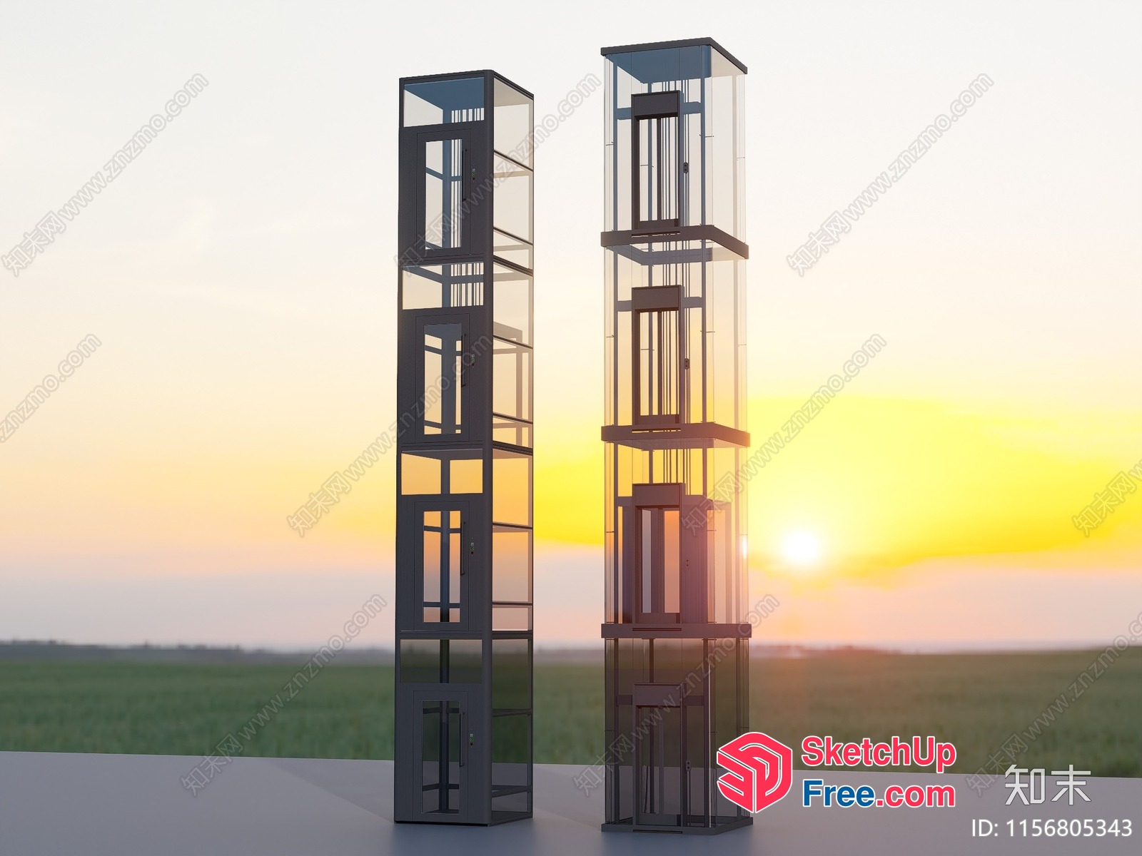 Modern Glass Elevator Towers In A Serene Landscape 3D SketchUp File