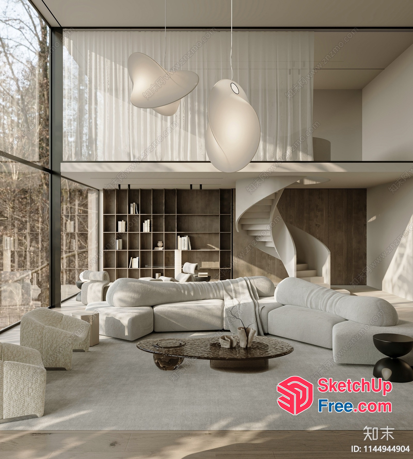 Modern Minimalist White Living Room With Spiral Staircase 3D SketchUp File