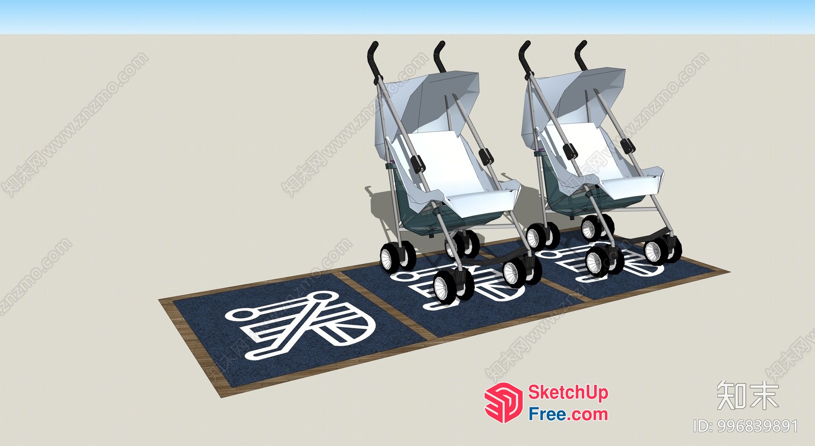 Three Strollers On A Parking Mat 3D SketchUp File