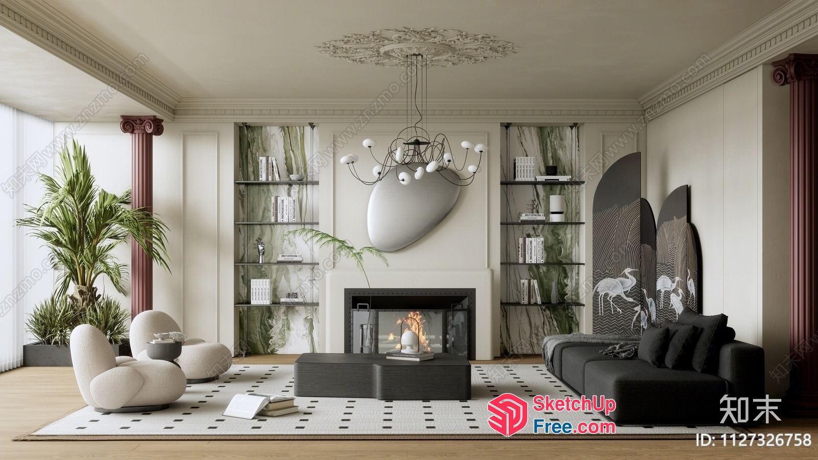 Minimalist Living Room With Fireplace And Pillars 3D SketchUp File