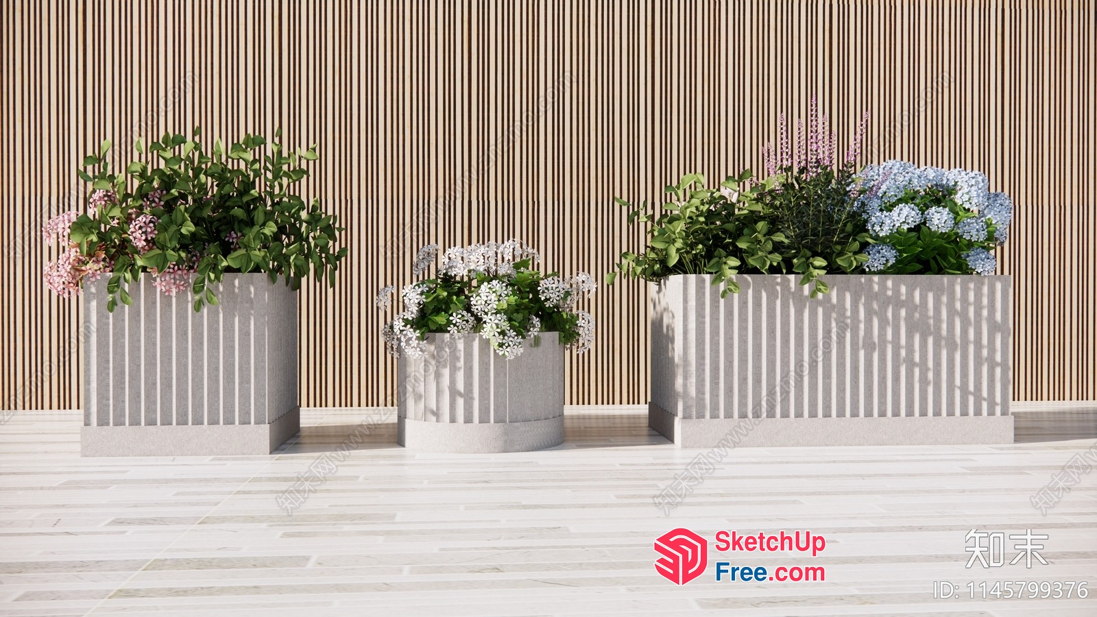 Four Potted Plants Against Wood Slats 3D SketchUp File