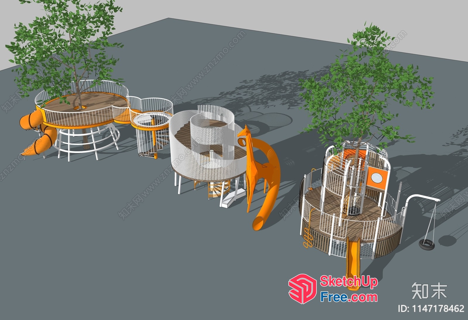 3D Rendering Of A Modern Children'S Playground With Unique Play Structures And Trees 3D SketchUp File