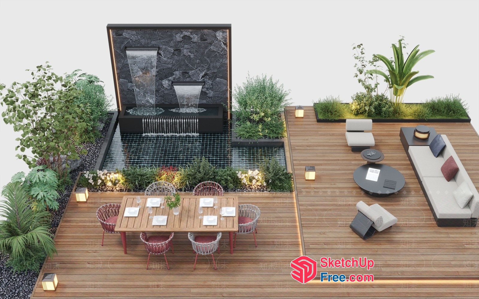 Modern Outdoor Living Space With Water Feature And Wooden Deck 3D SketchUp File