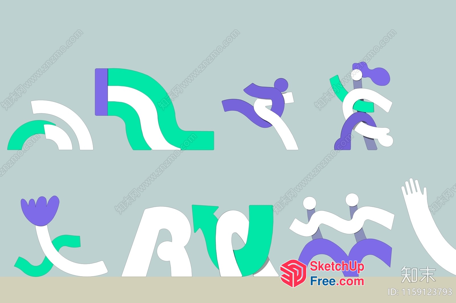 Abstract Geometric Shapes In White, Green, And Purple 3D SketchUp File