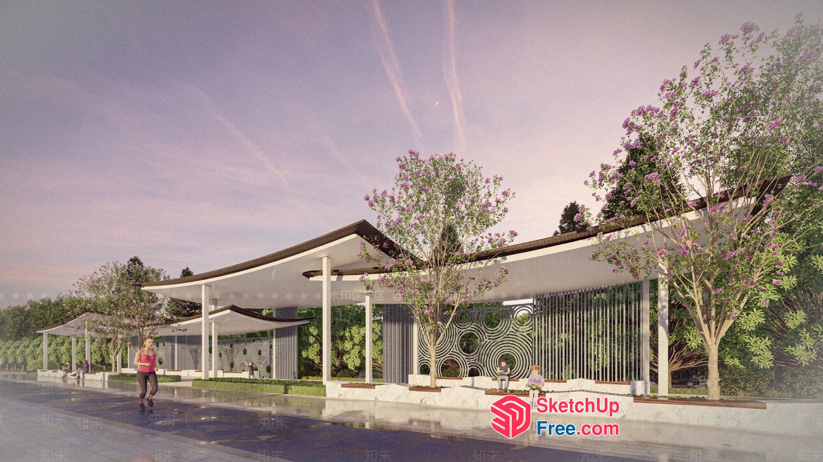 Modern Building With Sleek Roof And Lush Greenery 3D SketchUp File