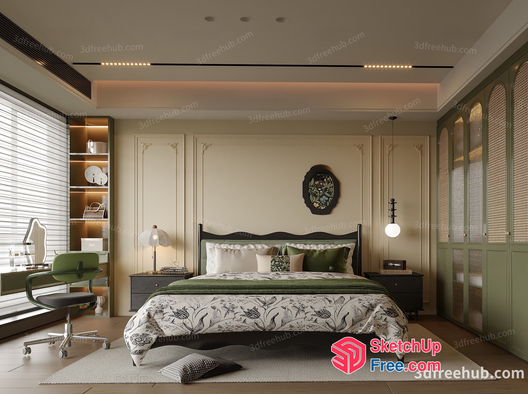 Elegant Bedroom With Floral Patterns And Green Accents 3D SketchUp File
