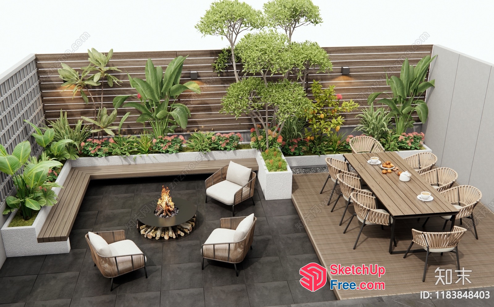Outdoor Living Space With Fire Pit And Dining Area 3D SketchUp File
