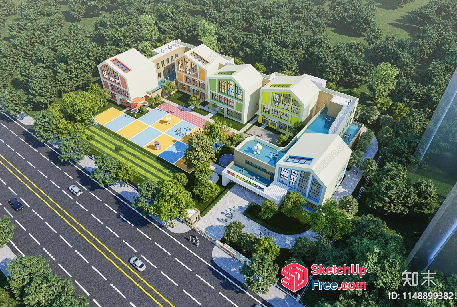 3D Model Of A Modern School Building With Sports Facilities 3D SketchUp File