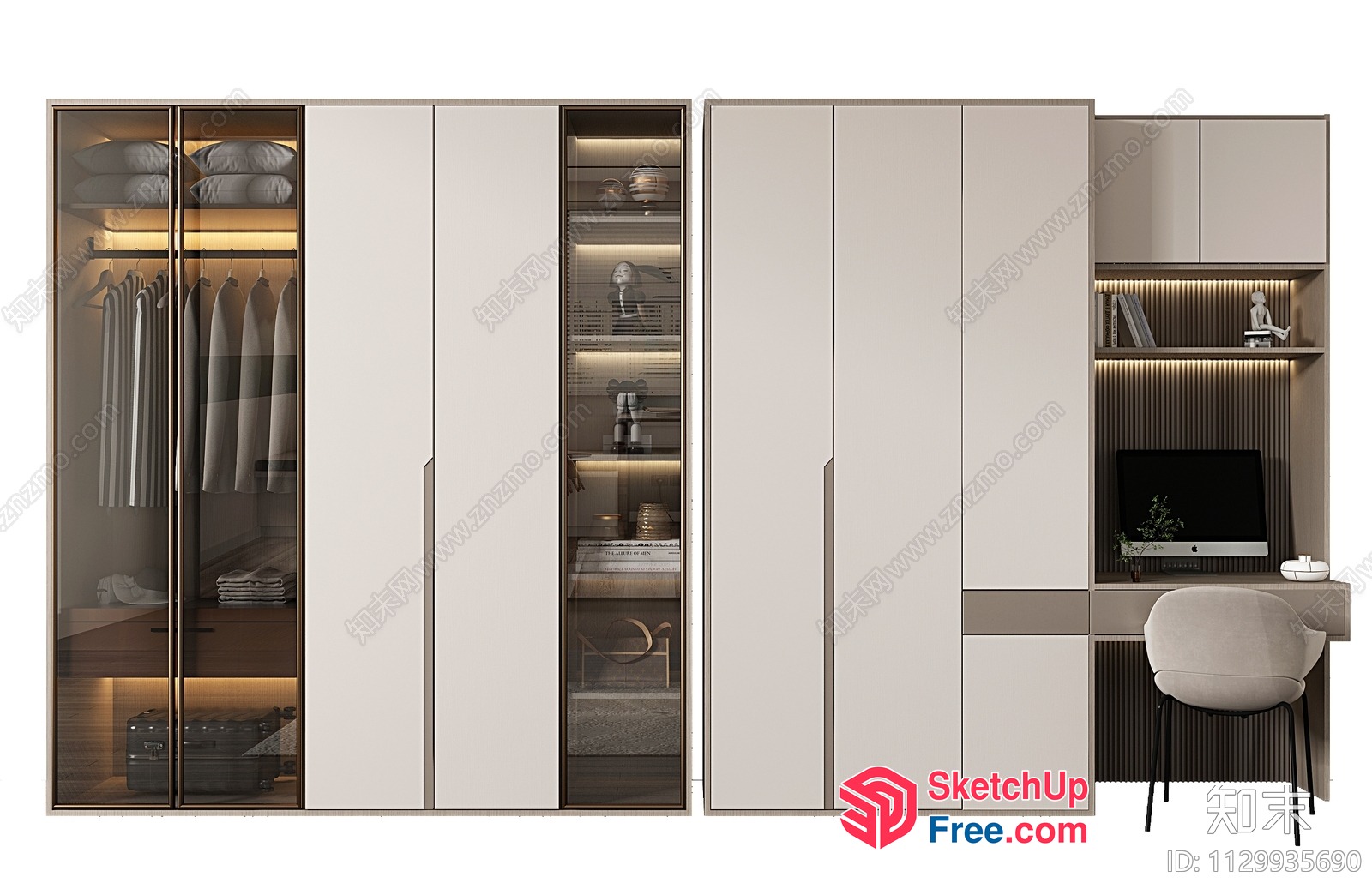Modern Minimalist Creamy Style Wardrobe And Office Decor 3D SketchUp File