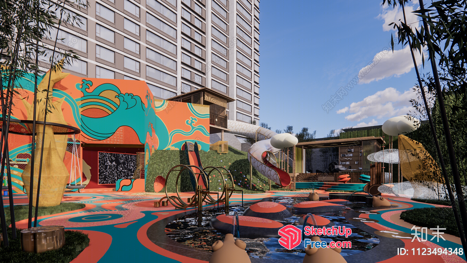 Vibrant Colorful Outdoor Playground With Water Features 3D SketchUp File