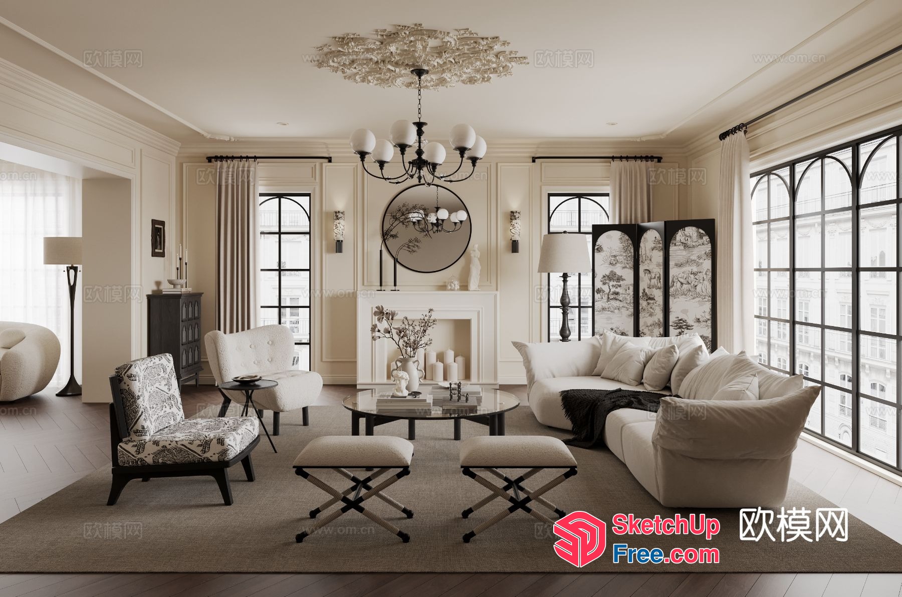 Elegant White And Creamy Style Living Room With Classic Moulding 3D SketchUp File