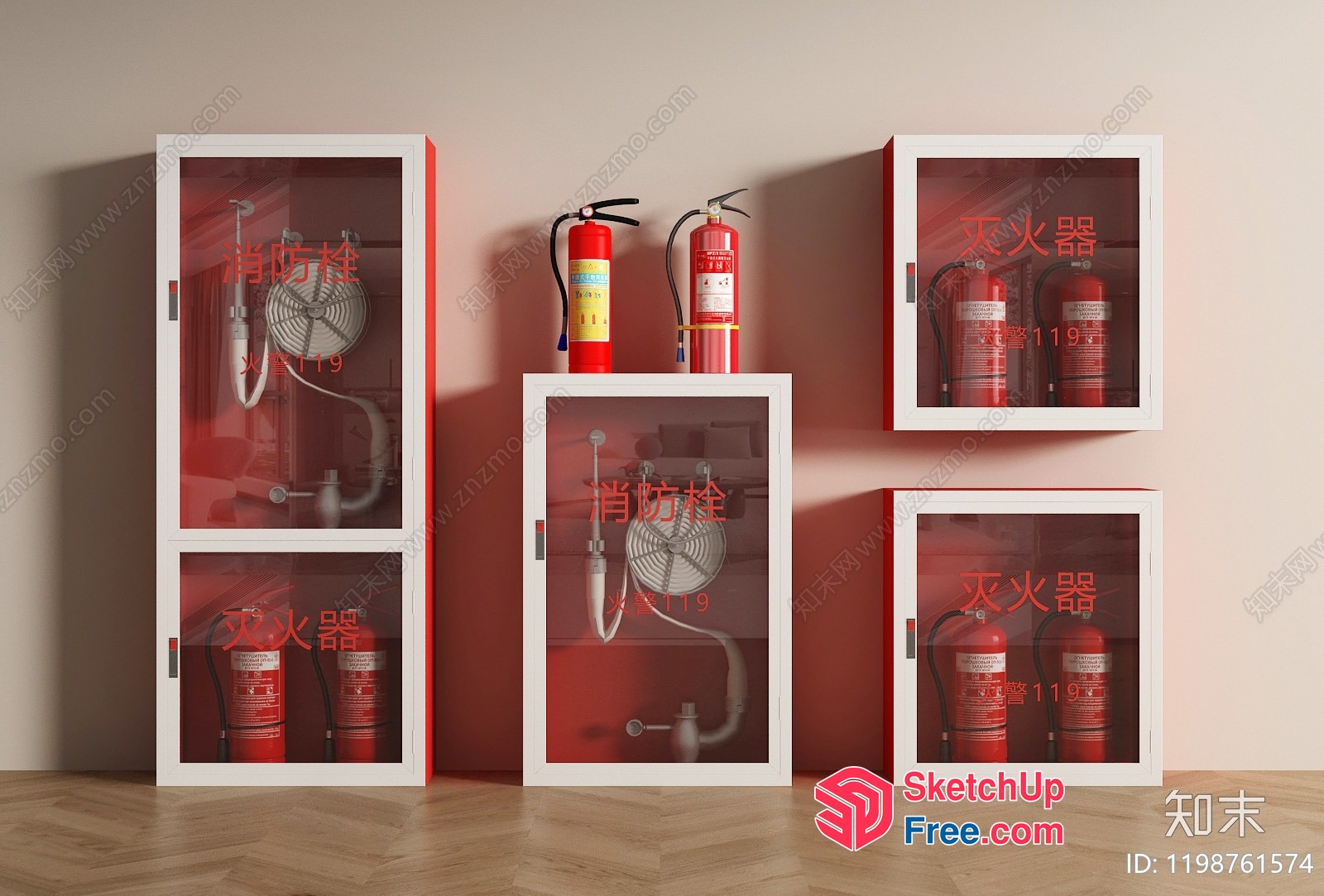 Red And White Fire Extinguishers In Wall Cabinets 3D SketchUp File